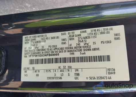 2022 Ford F-150 Lariat z USA, uszkodzony, nr VIN 1FTFW1E83NFB69995